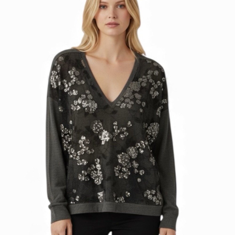 Single Los Angeles Deep V Neck Gray Jersey with Mesh Lace Sequin Overlay
XL